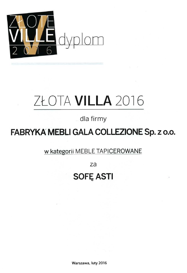 Nagroda ZŁOTE VILLE 2016 dla sofy Asti marki Gala Collezione